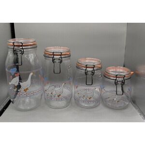 Vintage ARC France Hearts & Geese Glass Canister Set 4 Clamp Lid Wire Bail Jars